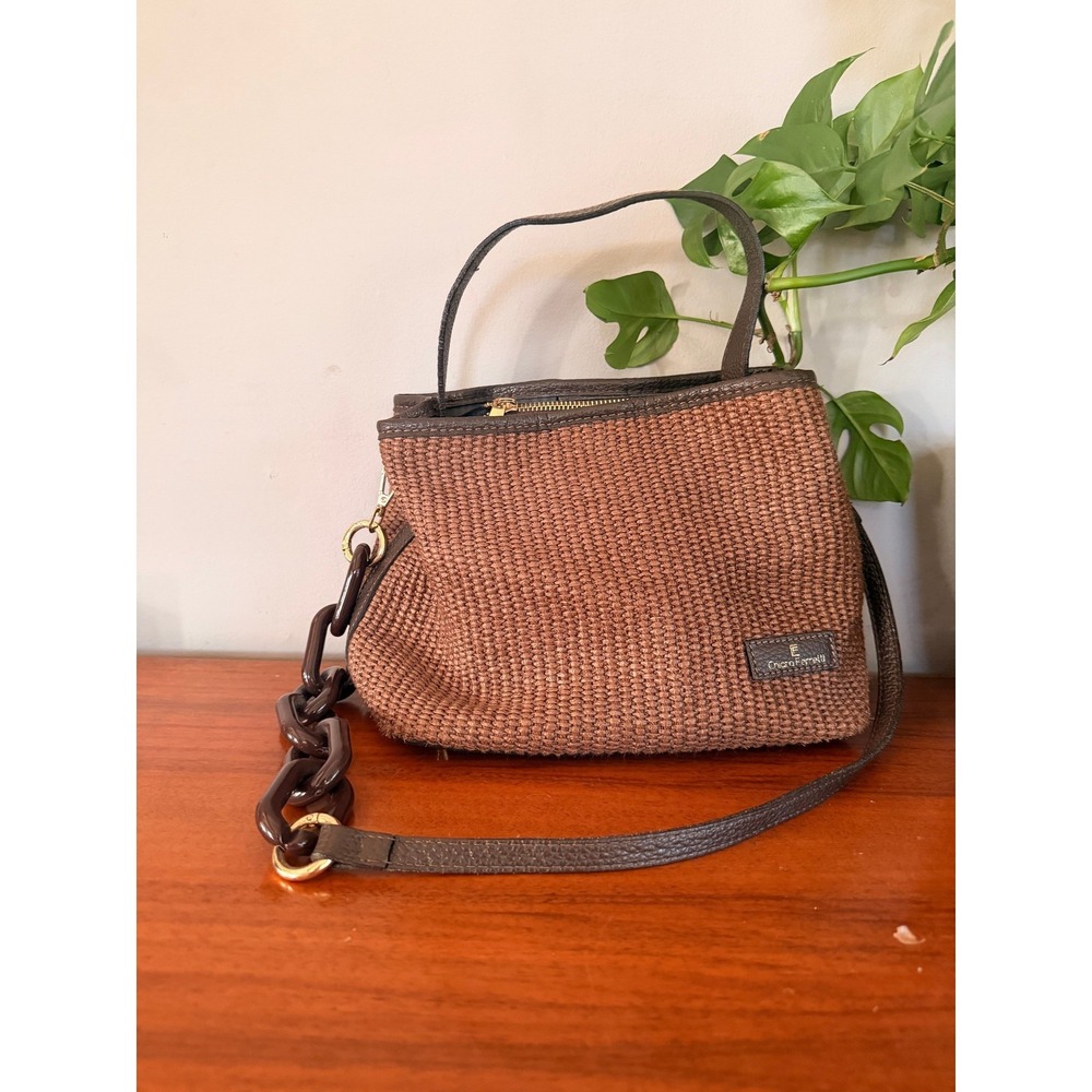 Chiara Ferretti Womens Raffia Leather Handbag Woven Brown Chain Strap Made Italy
